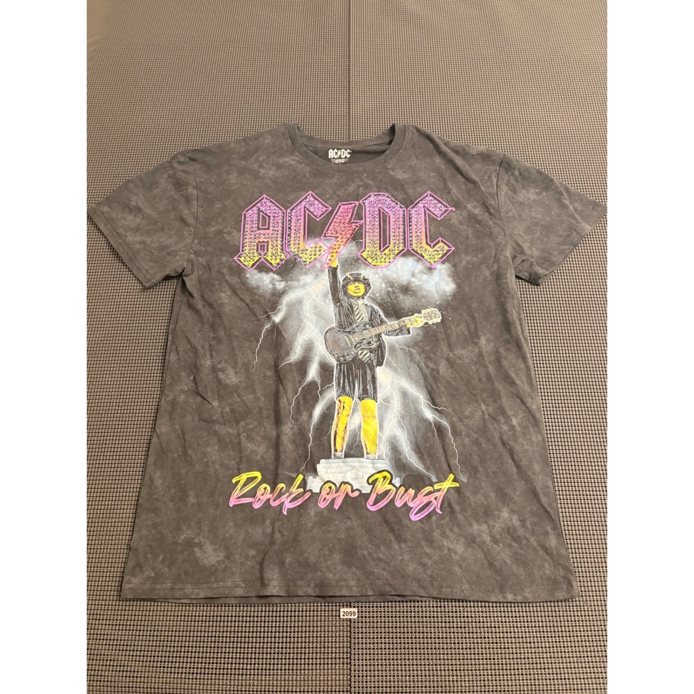 AC/DC Rock or Bust Graphic T-Shirt Acid Wash Grey Studded Logo L ADM001FUAMIP12